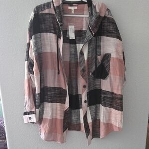 Maurices Pink and Black Plaid Shirt with Hood